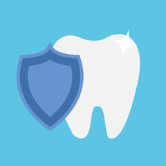 A white tooth with a shield on a blue background. Vector, flat style
