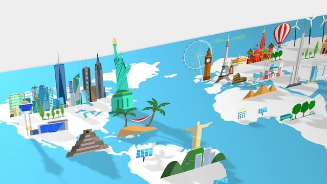 2d flat design motion graphics with famous international world monuments over a global travel world-map! All continents and landmarks! America, Europe, Asia, Africa, & Australia! Featured sights, airp