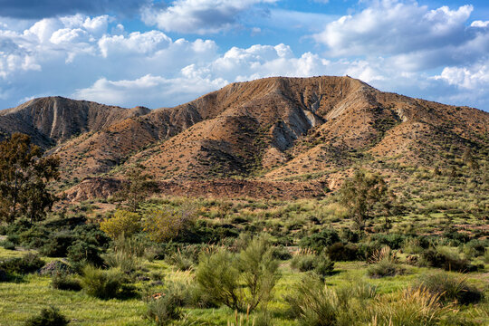 Tabernas desert landscape on a sunny day, Almeria, Andalusia