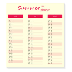 Minimal summer planners sheet for June, July and August