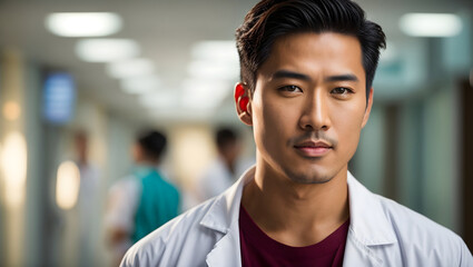 An elegant and compassionate male healthcare professional in a white medical coat, radiating care and expertise, as the hospital environment gently fades into the background