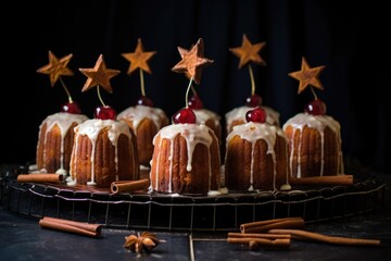 christmas cake with marzipan stars on a wire rack