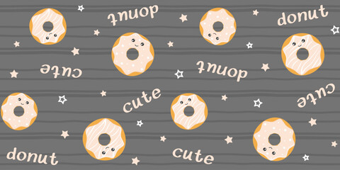 Cute donuts with funny faces on a gray striped background with inscriptions and small stars. Endless texture with kawaii dessert characters. Vector seamless pattern for surface texture, wrapping paper