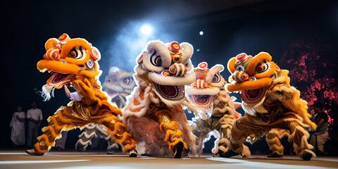 A group of Chinese lion dancers perform in a street celebrating Chinese  New Year Colorful Chinese...