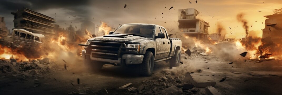 Military Pickup Truck in Middle East Destruction. Generative ai