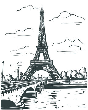 Eiffel Tower in Paris, France. Tower, bridge and water. Hand drawn retro style landmark. Travel ink sketch. Vintage travel card, poster or book illustration, vector