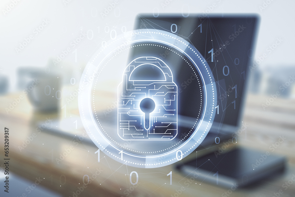 Poster double exposure of creative lock hologram with chip and modern desktop with laptop on background. in