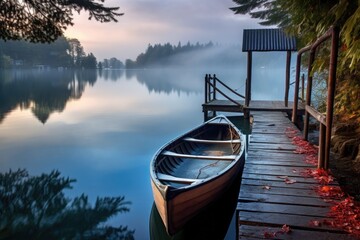 small canoe tied to a tranquil lakeside dock