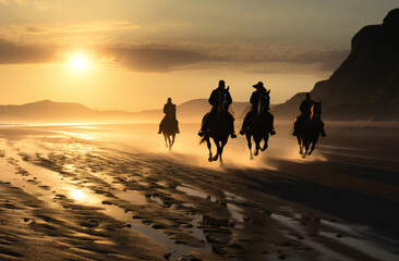 People horse riding on the beach - obrazy, fototapety, plakaty