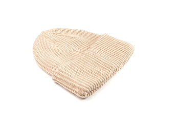 Winter Hat Isolated, Knitted Cap, Beige Winter Hat on White Background