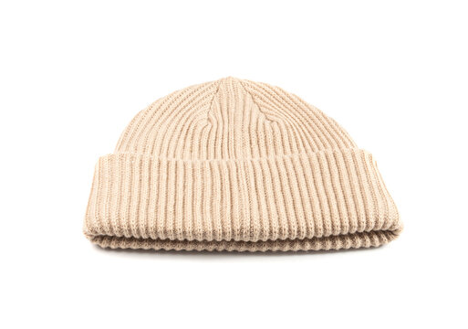Winter Hat Isolated, Knitted Cap, Beige Winter Hat on White Background