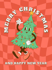 Funny retro cartoon 70s Christmas tree character  background. Xmas mascot in groovy style vector illustration. Merry Christmas and Happy New year invitation, poster, decoration, print, greeting card.
