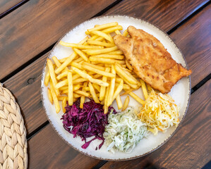 Traditional Polish Chop, Breaded Cutlet, Roasted Pork Steak in Breadcrumbs with Fresh Cabbage Salads