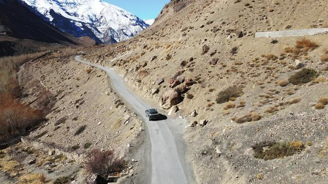 aerial view of india remote destination travel  car in spiti valley himachal pradesh sand mountain
