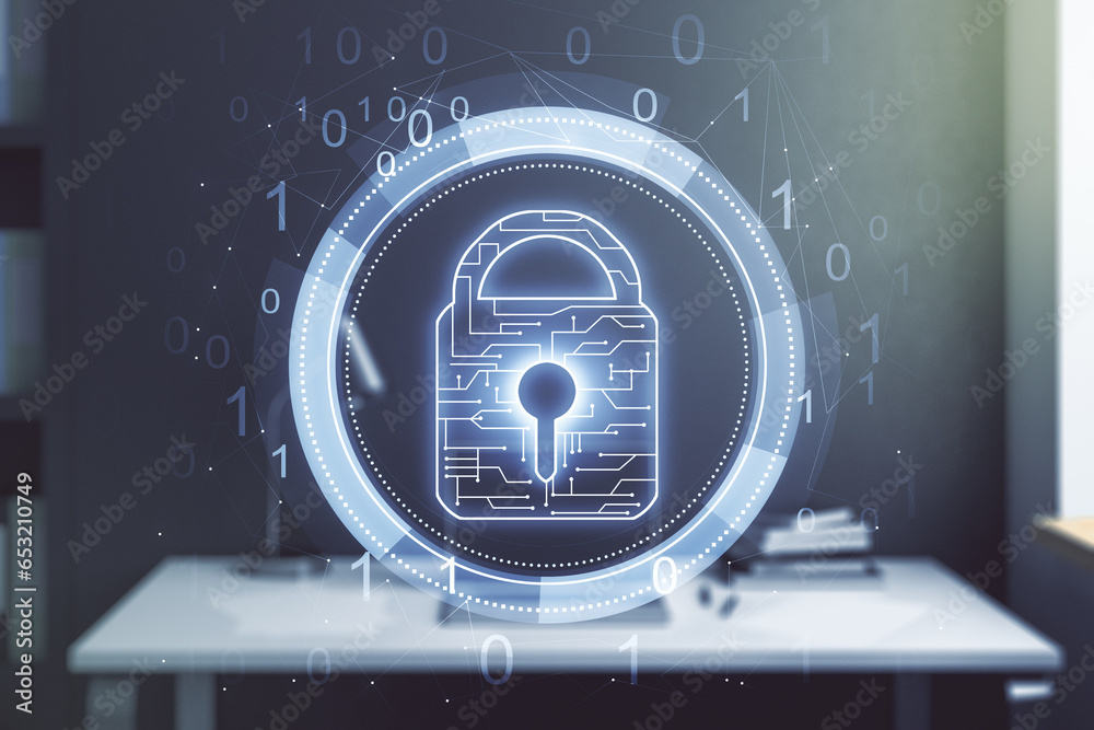 Poster Creative lock sketch with chip hologram and modern desk with computer on background, protection of personal data concept. Multiexposure