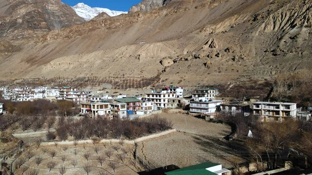 aerial footage from tabo village in spiti valley himachal pradesh India travel holiday destination 
