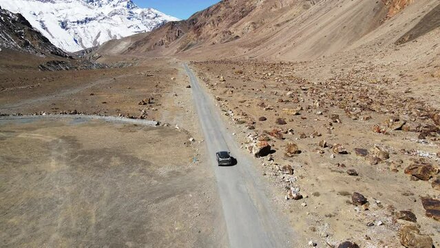 drone following off road car in spiti valley himachal pradesh sand mountain