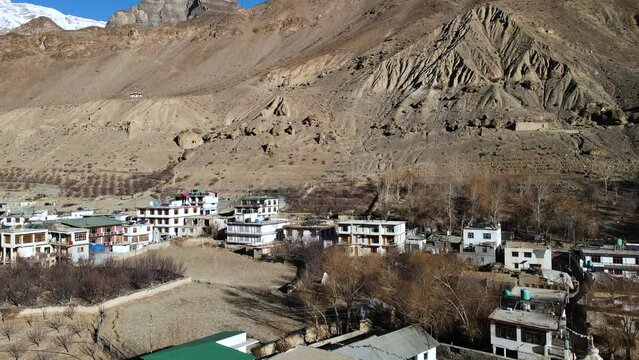 aerial footage from tabo village in spiti valley himachal pradesh India
