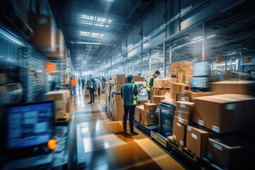 Busy rush workflow of hardware store employees. Group of workers working in large warehouse, shipping goods, prepare cardboard boxes for freight. International export business, and storehouse workflow - obrazy, fototapety, plakaty