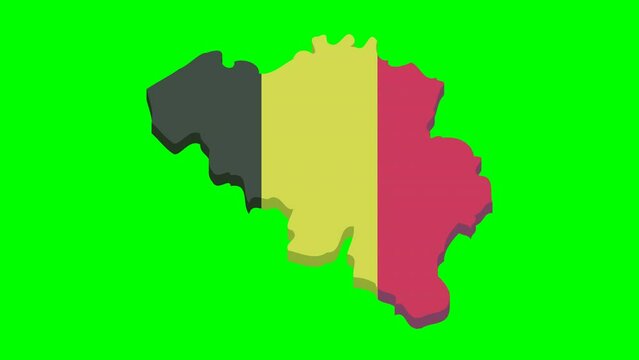 Animation of appearance and disappearance of the 3D map of Belgium in the colors of the belgian flag on a blue background, green background, transparency and white background in a flat design style