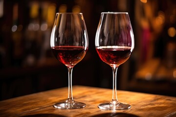 two fancy wine glasses filled with premium wine next to each other