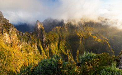 View from Miradouro do Ninho da Manta of Pico do Arieiro at sunrise, Madeira, Portugal, Atlantic