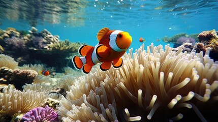 Naklejka na ściany i meble Clownfish entertain amid anemones split-view radiates with island with beach and palmss lush tropical allure 