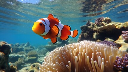 Clownfish entertain amid anemones split-view radiates with island with beach and palmss lush tropical allure 
