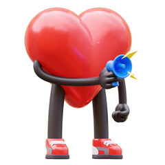 Groovy vintage heart character is making an announcement. mascot 3d illustration