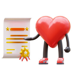 groovy vintage 3d heart character with a certificate. mascot 3d illustration