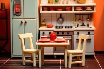 a miniature-sized dining set in a toy kitchen