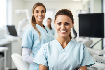 Dental hygienists showing root planing technique background with empty space for text 