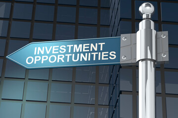 Obraz premium Investment opportunities word on road sign with building as background