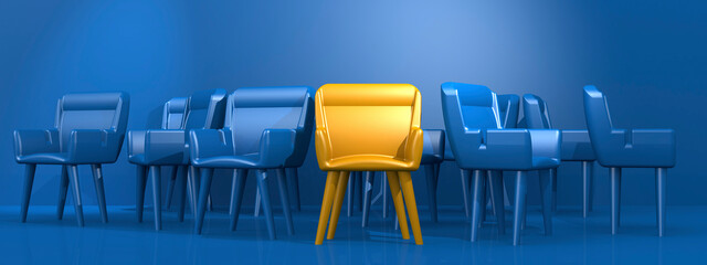 Yellow chair lead a group of blue chairs - obrazy, fototapety, plakaty