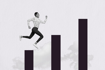 Artwork collage picture of excited black white colors person jump run climb growing stairs graphics upwards isolated on creative background