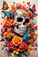 A Mexican sugar skull with flowers butterflies.
