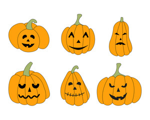 Set of scary Halloween pumpkins. Carved Halloween pumpkin with spooky face. Jack-o`-lantern, symbol of Halloween holiday.