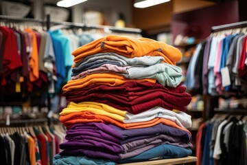 stacks of discounted apparel on a retail rack