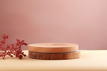 Showcase your cosmetic product on this naturally inspired wood slice podium. Set against a refined beige backdrop, the podium offers a harmonious balance of organic charm and minimalist elegance