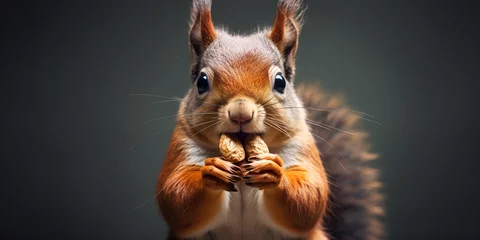Fotobehang  A squirrel with walnut in its hand in eating pose background  © safia