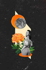 Vertical photo creative illustration 3d composite collage of gorgeous woman stand near flower in...