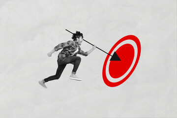 Composite creative photo abstract collage of crazy motivated man screaming hold arrow get in...