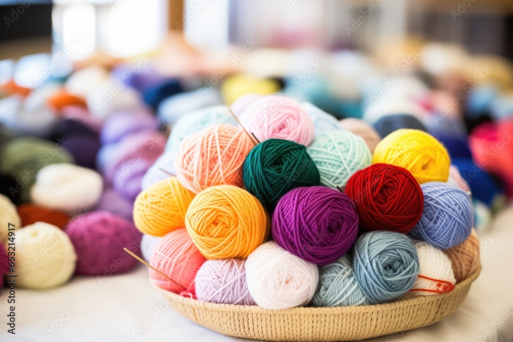 Canvas Prints colorful yarn balls and needles in a community knitting group