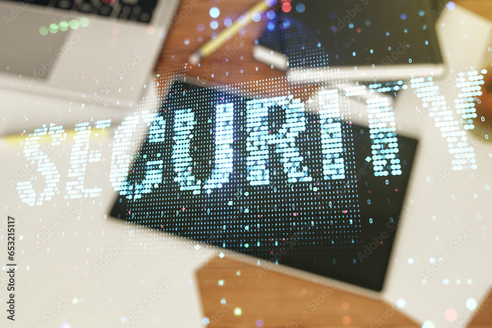 Poster cyber security creative concept and modern digital tablet on background. double exposure
