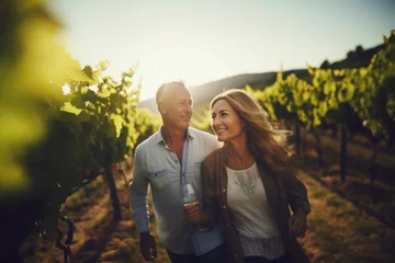 Schilderijen op glas Romantic mature couple walking through vineyard while tasting wine in one beautiful autumn sunny day.Generative Ai © bluebeat76
