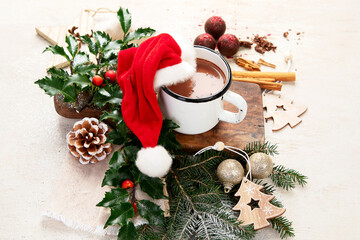 Winter cozy Christmas vintage background. The cup of cacao. Christmas atmosphere.