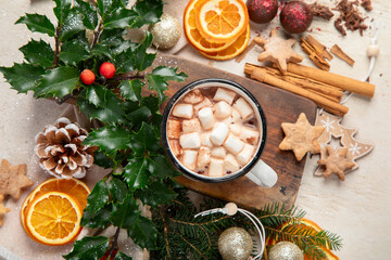 Hot drink with marshmallows. Cozy seasonal holidays.