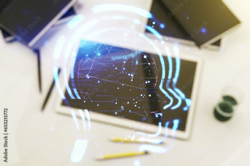 Aufkleber creative artificial intelligence concept with human head sketch and modern digital tablet on desktop