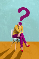Vertical collage picture of minded girl sit chair big question mark instead head brainstorm...