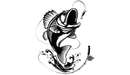 Fishing bass logo. Bass fish with rod club emblem. Fishing theme illustration. Fish Isolated on white.